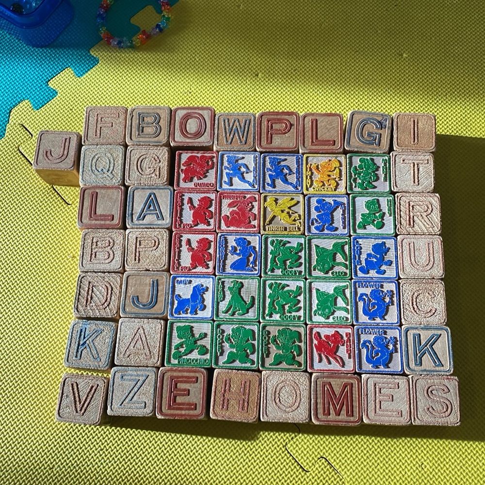 57 vintage wooden alphabet, number, Disney character blocks